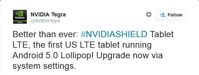 Nvidia Shield Tablet LTE Has Lollipop via Twitter