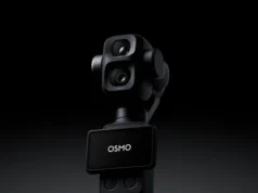 A DJI teaser render showing the Osmo Pocket 4P dual-camera gimbal
