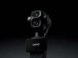A DJI teaser render showing the Osmo Pocket 4P dual-camera gimbal
