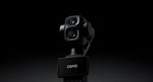 A DJI teaser render showing the Osmo Pocket 4P dual-camera gimbal