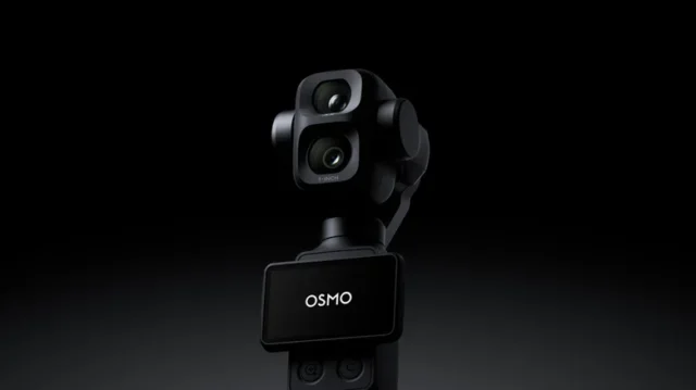 DJI Osmo Pocket 4P official teaser render A DJI teaser render showing the Osmo Pocket 4P dual-camera gimbal