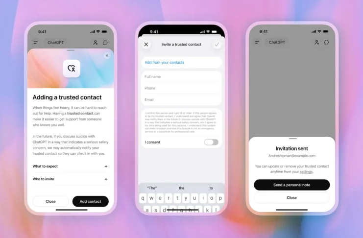 OpenAI screenshots showing ChatGPT Trusted Contact setup and invitation flow